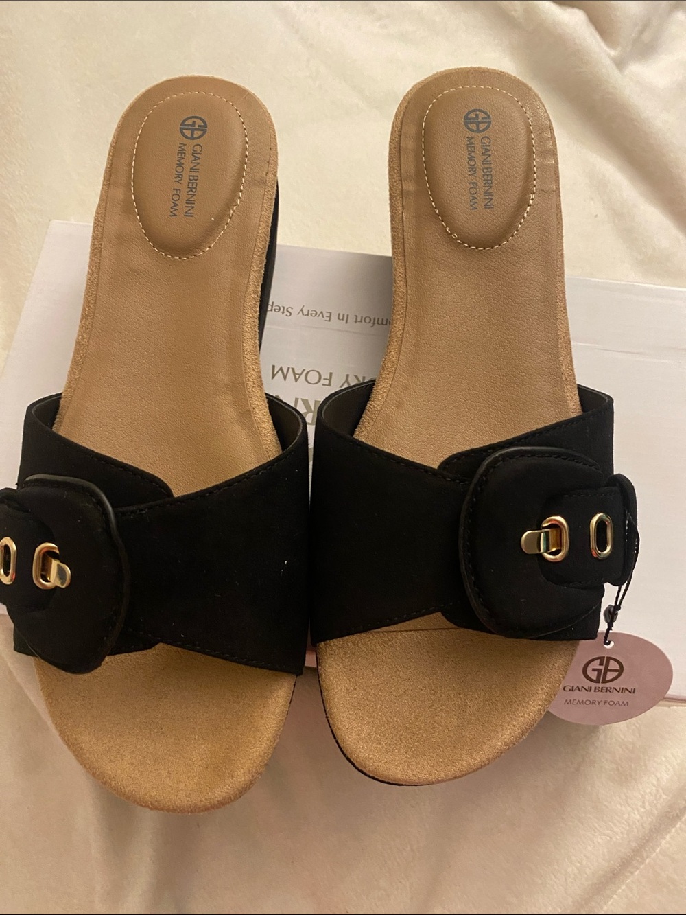 Giani Bernini Black Suede Slide Mules with Gold Buckle